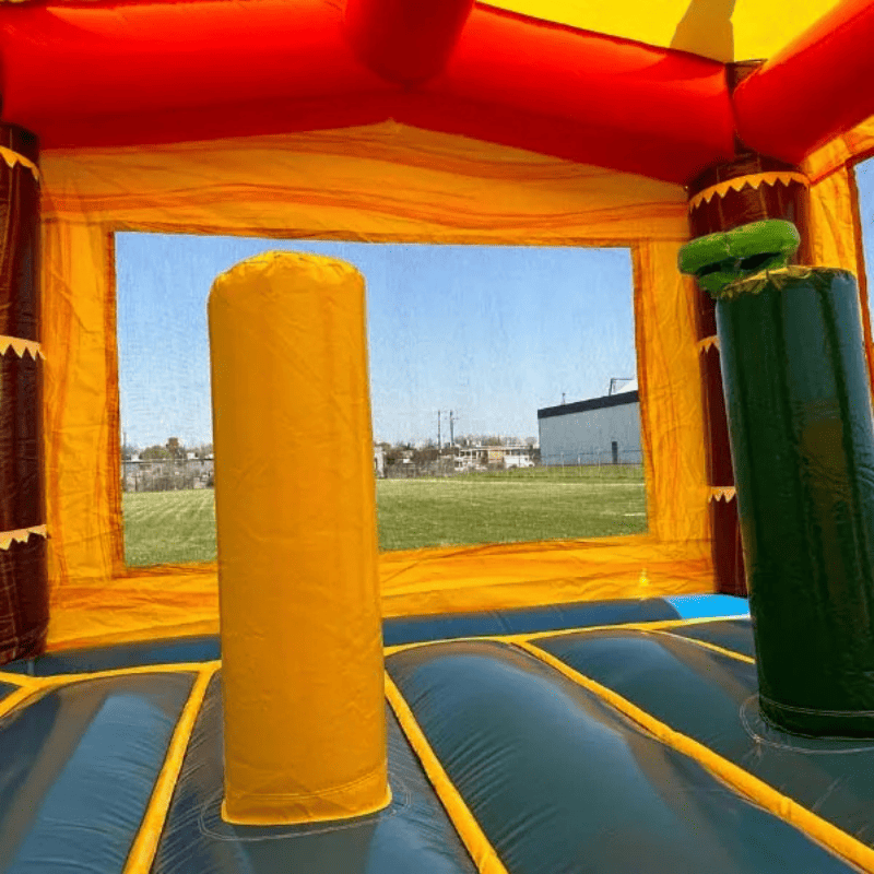 Moonwalk USA Palm Tree Bouncy House in Red and Yellow Obstacle Beam Inside View