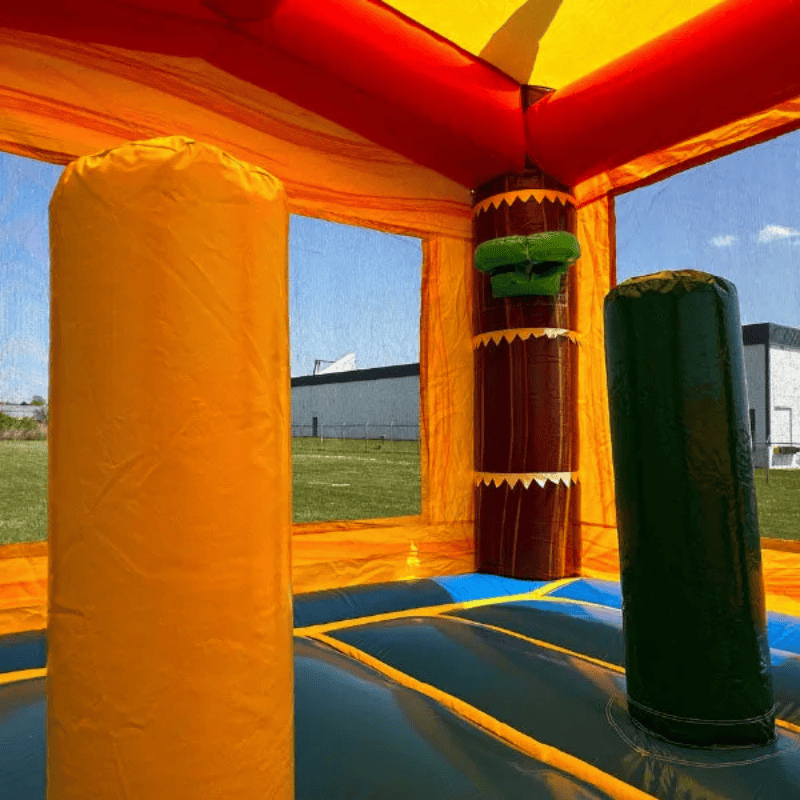 Moonwalk USA Palm Tree Bouncy House in Red and Yellow Inside Beams and Hoop View