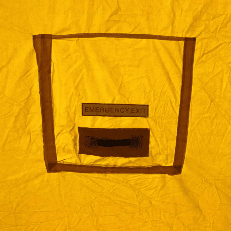 Moonwalk USA Palm Tree Bouncy House in Red and Yellow Emergency Exit Close-Up View