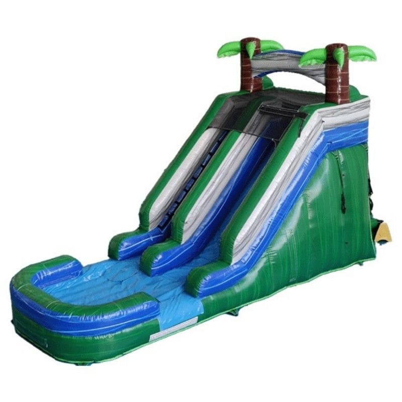 Front Left View of Green and Blue 15 FT Tropical Palm Tree Water Slide Wet and Dry 