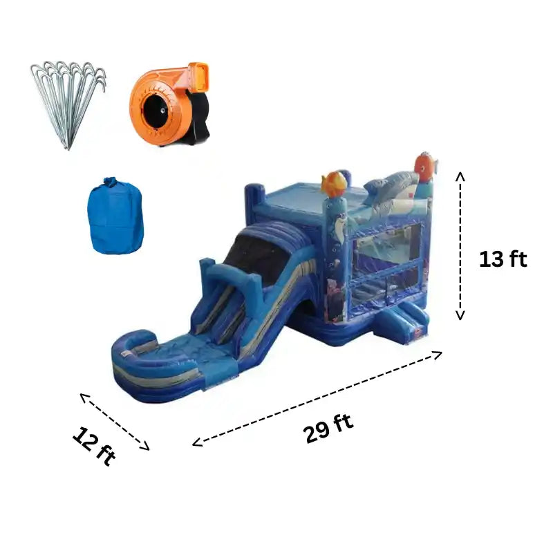 2-Lane Shark Bounce House Combo Wet n Dry with Slide in Blue