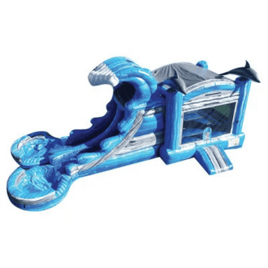35ft Dolphin Splash Combo – Ocean-Themed Water Slide and Bounce Unit Front Top Right View