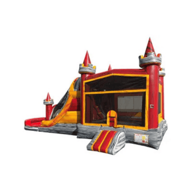 27ft Red Hot Lava Castle Combo – Fiery Castle Inflatable with Slide Front View
