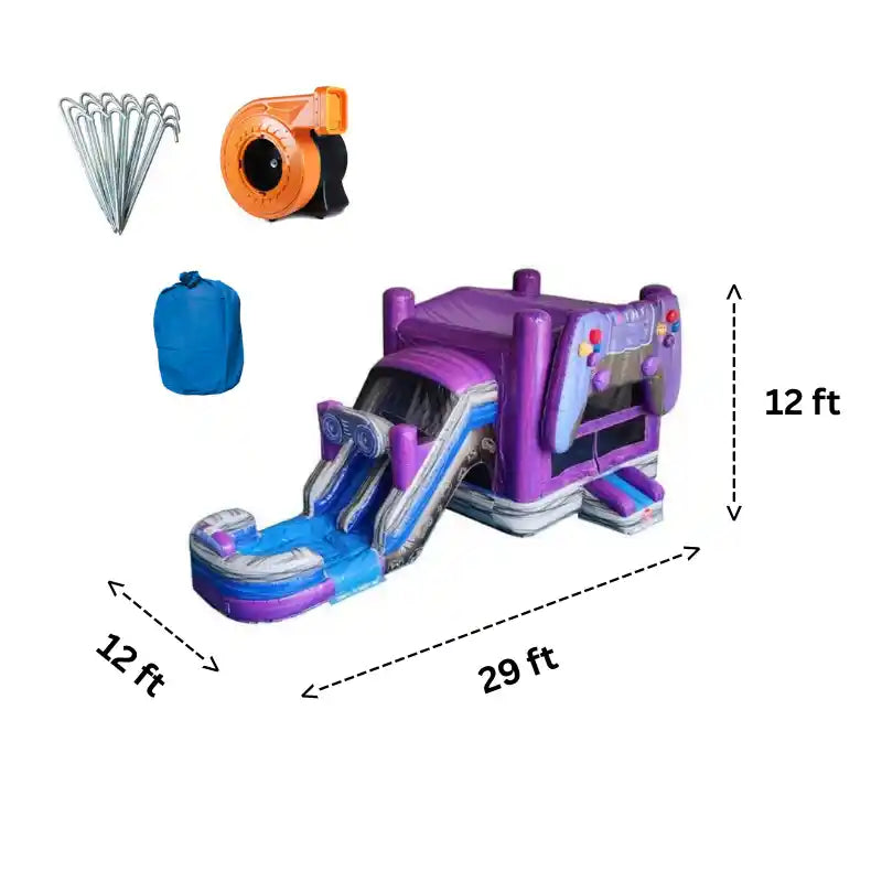 2-Lane Gamer Bounce House Combo Wet n Dry with Slide in Purple