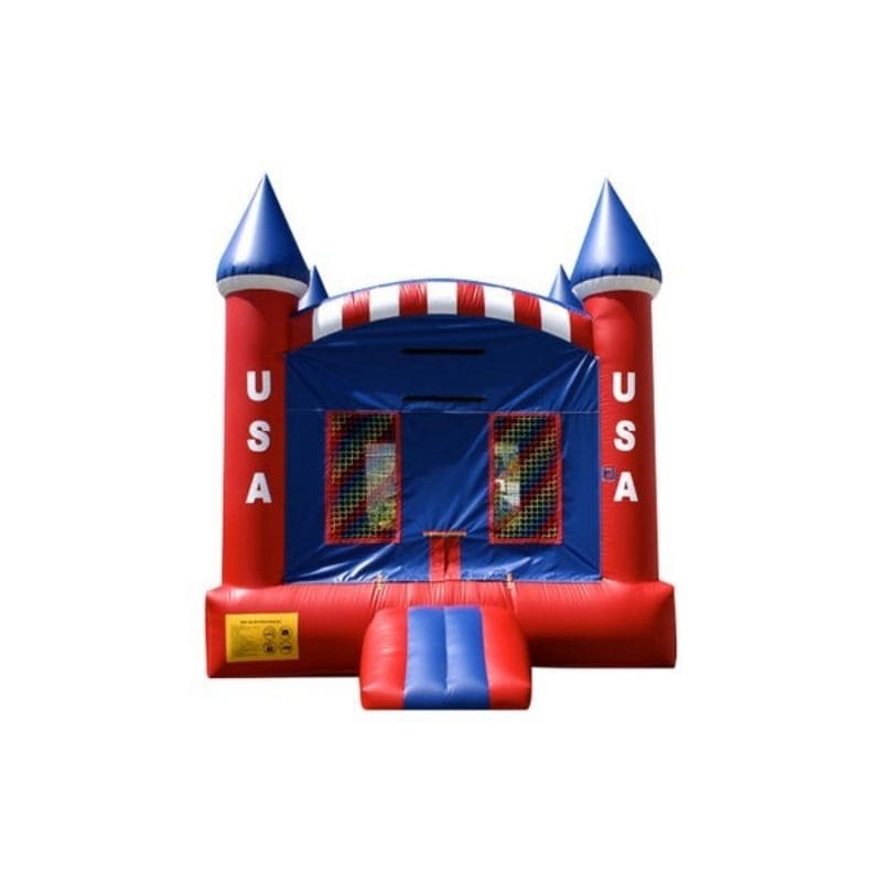 Bouncing Angels USA Castle Bounce House - 13 FT in Red White Blue Front View
