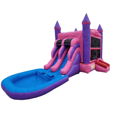 Moonwalk USA 2-Lane Pink Castle Bouncy House Combo w/ Pool Front Right View