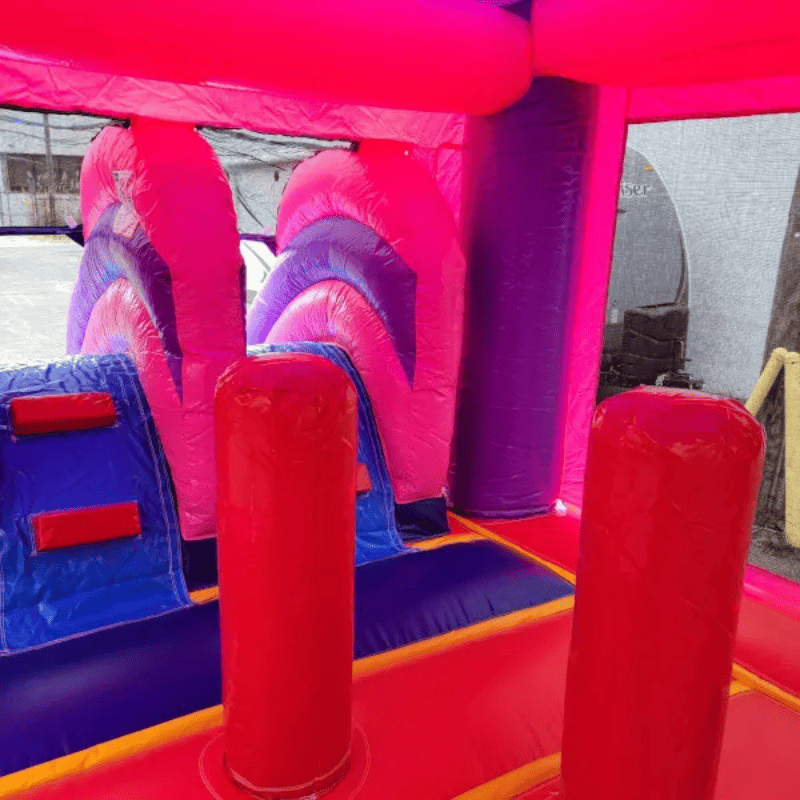 Moonwalk USA 2-Lane Pink Castle Bouncy House Combo w/ Pool Inside Obstacles View