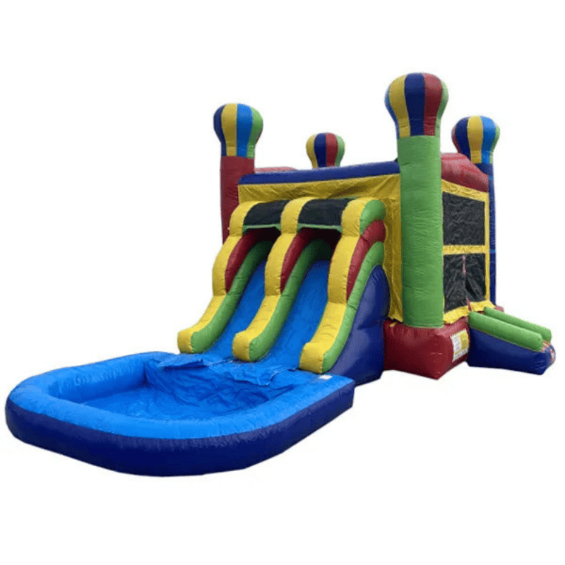 Moonwalk USA 2-Lane Balloon Bouncy House Combo w/ Pool Front Right View