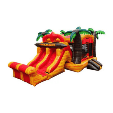 27ft Dual Lane Sunny Tropical Combo – Vibrant Island Bounce House with Dual Slides Front Right View