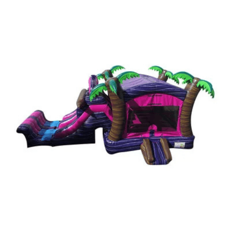 27ft Dual Lane Vibrant Tropical Combo – Bold Colorful Inflatable with Dual Slide Setup Front Top View