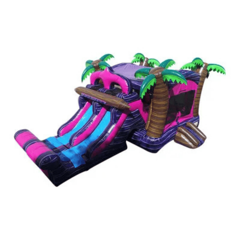 27ft Dual Lane Vibrant Tropical Combo – Bold Colorful Inflatable with Dual Slide Setup Front Right Top View