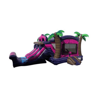 27ft Dual Lane Vibrant Tropical Combo – Bold Colorful Inflatable with Dual Slide Setup Front Right View