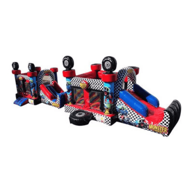 Fun Size Monster Truck Combo – Compact Racing Inflatable for Smaller Yards Front Left View