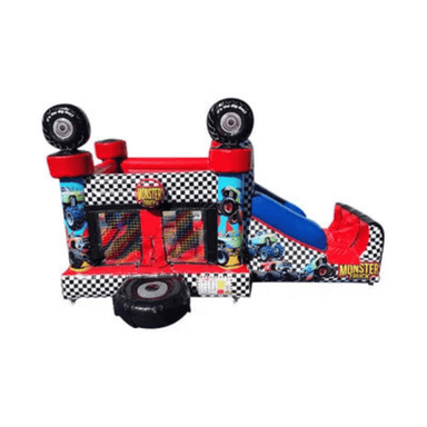 Fun Size Monster Truck Combo – Compact Racing Inflatable for Smaller Yards Front View