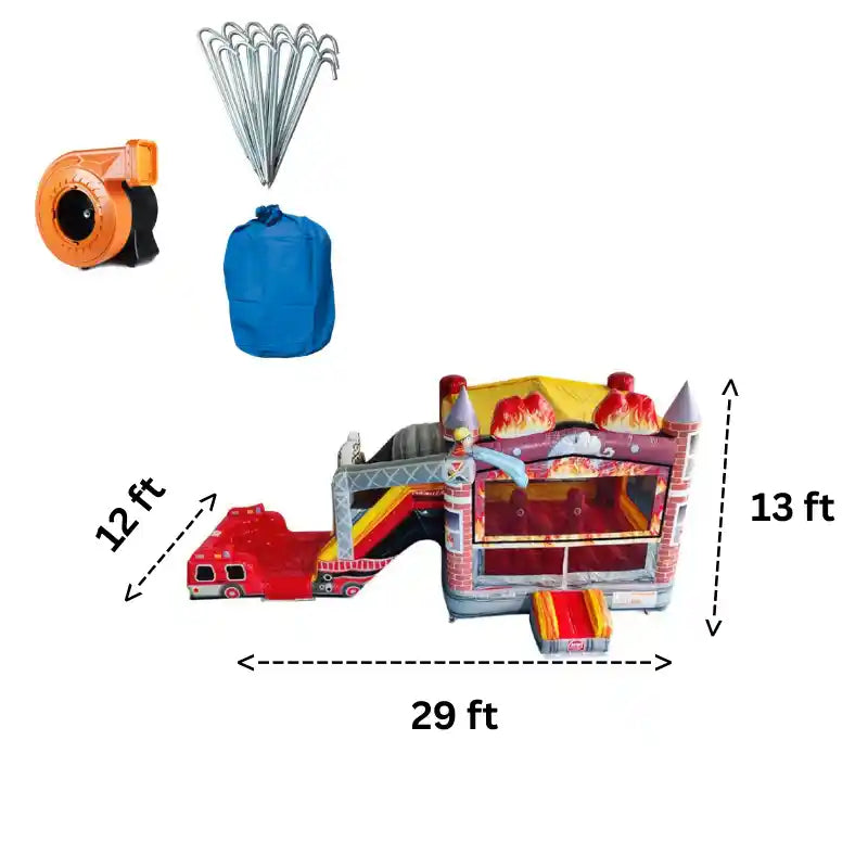 2-Lane Firetruck Bounce House Combo Wet n Dry with Slide in Red