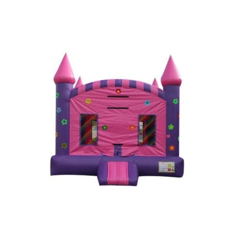 Bouncing Angels Flower Castle Inflatable Jumper - 15 FT in Pink and Purple Front View