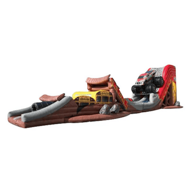 85ft Monster Truck Obstacle Course – Oversized Inflatable with Racing Theme Front Left Close View