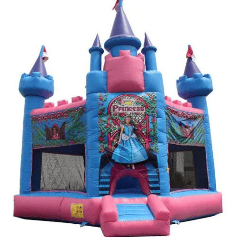 Moonwalk USA Princess Bouncer Pink and Blue Castle Inflatable Front View