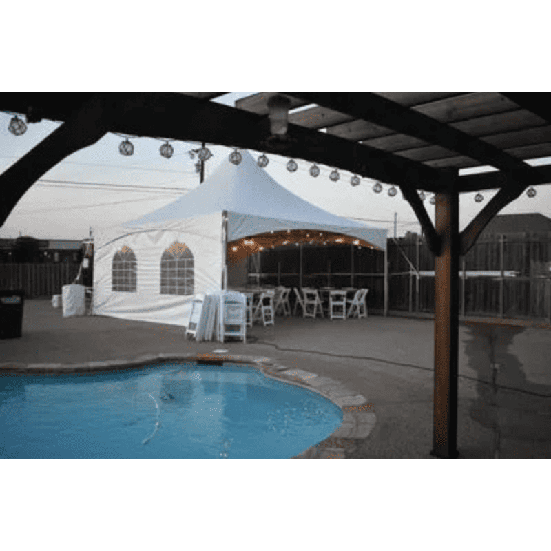 20x20 High Peak Cross Cable Frame Tent Backyard Pool View