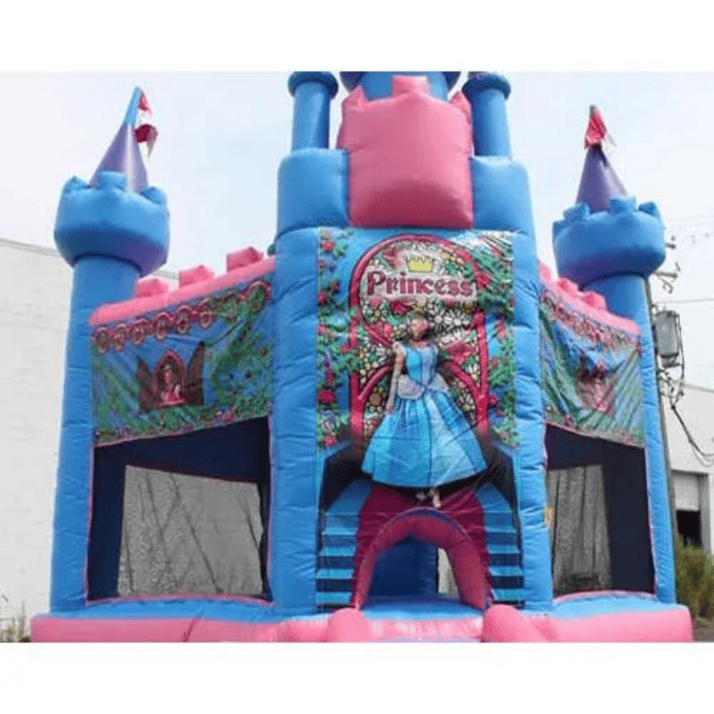 Moonwalk USA Princess Bouncer Pink and Blue Castle Inflatable Front Close Up