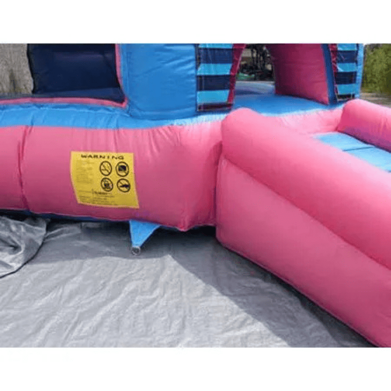 Moonwalk USA Princess Bouncer Pink and Blue Castle Inflatable Front Right of Entrance Close View