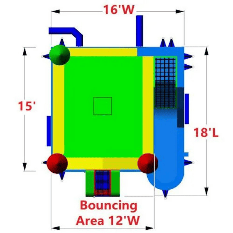 Moonwalk USA Rainbow Castle Bounce House Combo Wet n Dry Top Dimensions View