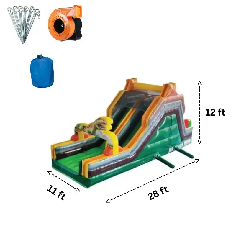 28'L Dual Lane Jurassic Slide with Dinosaur