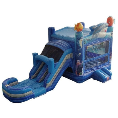 Front left view of Eagle Bounce Shark Combo Bounce House with dual lane slide