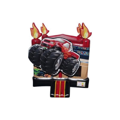 Bouncing Angels Monster Truck Inflatable Jumper - Commercial-Grade, Wholesale Supplier, 13 ft with Flames Front View