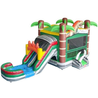 Front view of Dual Lane Dinosaur Combo Bounce House Wet and Dry