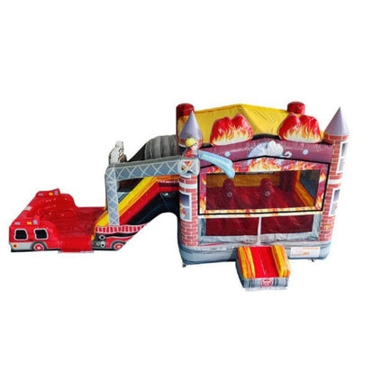 Fire Truck Bounce House Combo Wet and Dry front view with dual lane slide