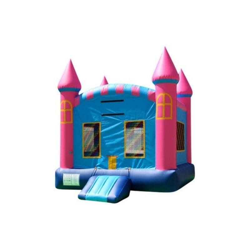 Bouncing Angels Blue Princess Castle Inflatable Jumper - 13 ft Pink and Blue Bounce House Front Left View