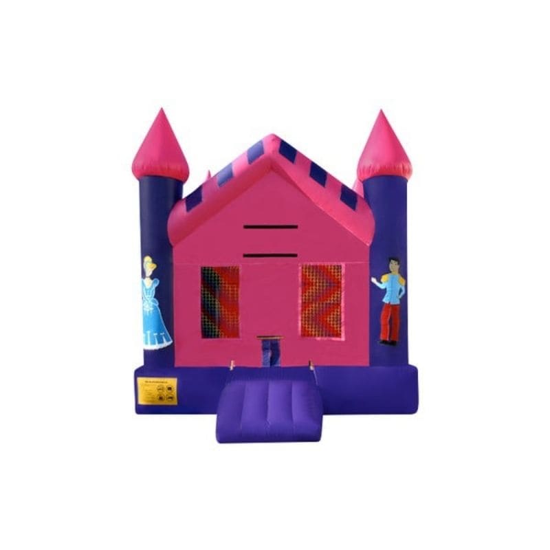 Bouncing Angels Princess Castle Inflatable Jumper - Commercial-Grade, Wholesale Supplier, 13 ft Pink and Purple Bounce House Front View