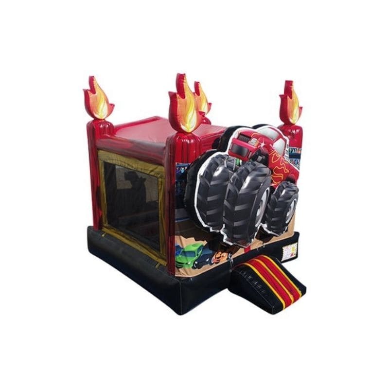 Bouncing Angels Monster Truck Inflatable Jumper - Commercial-Grade, Wholesale Supplier, 13 ft with Flames Front Right View