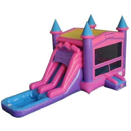 Front view of Pink Castle Combo Bounce House with dimensions