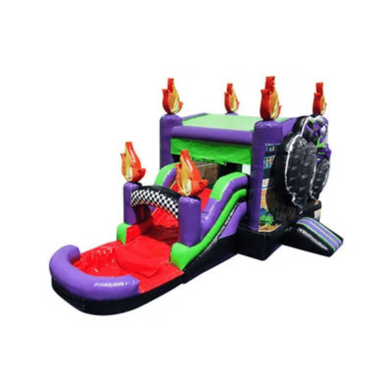 25ft Digger Monster Truck Combo – Construction-Themed Inflatable for Parties Front Right Purple View