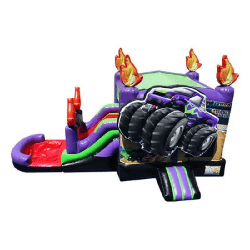 25ft Digger Monster Truck Combo – Construction-Themed Inflatable for Parties Front Purple View