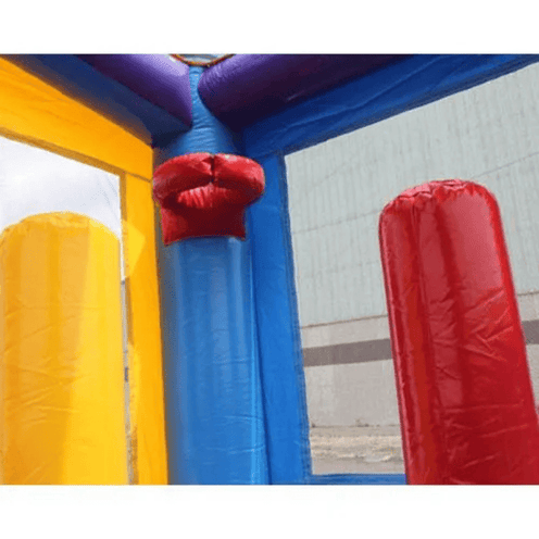 Inflatable crayon bounce house inside view of pop ups and basketball hoop