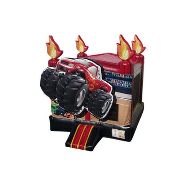 Bouncing Angels Monster Truck Inflatable Jumper - Commercial-Grade, Wholesale Supplier, 13 ft with Flames Front Left View