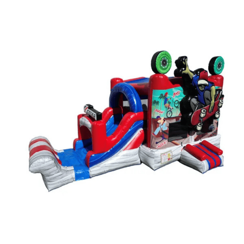 25ft Skater Combo – Skateboard-Themed Bounce House with Inflatable Slide Front Right Slide View