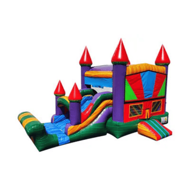 25ft Colorful Rainbow Castle Combo – Bright Inflatable for All Celebrations Front Right View