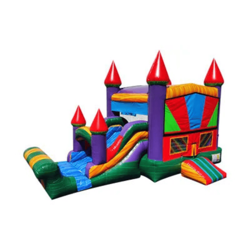 25ft Colorful Rainbow Castle Combo – Bright Inflatable for All Celebrations Front Right View