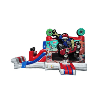 25ft Skater Combo – Skateboard-Themed Bounce House with Inflatable Slide Front View