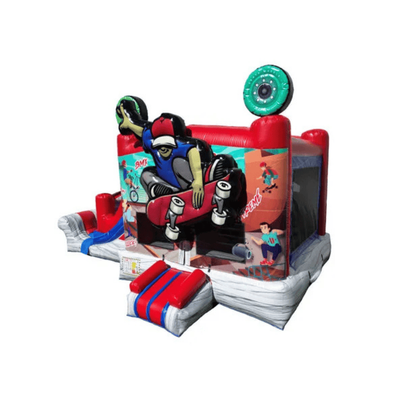 25ft Skater Combo – Skateboard-Themed Bounce House with Inflatable Slide Front Left View