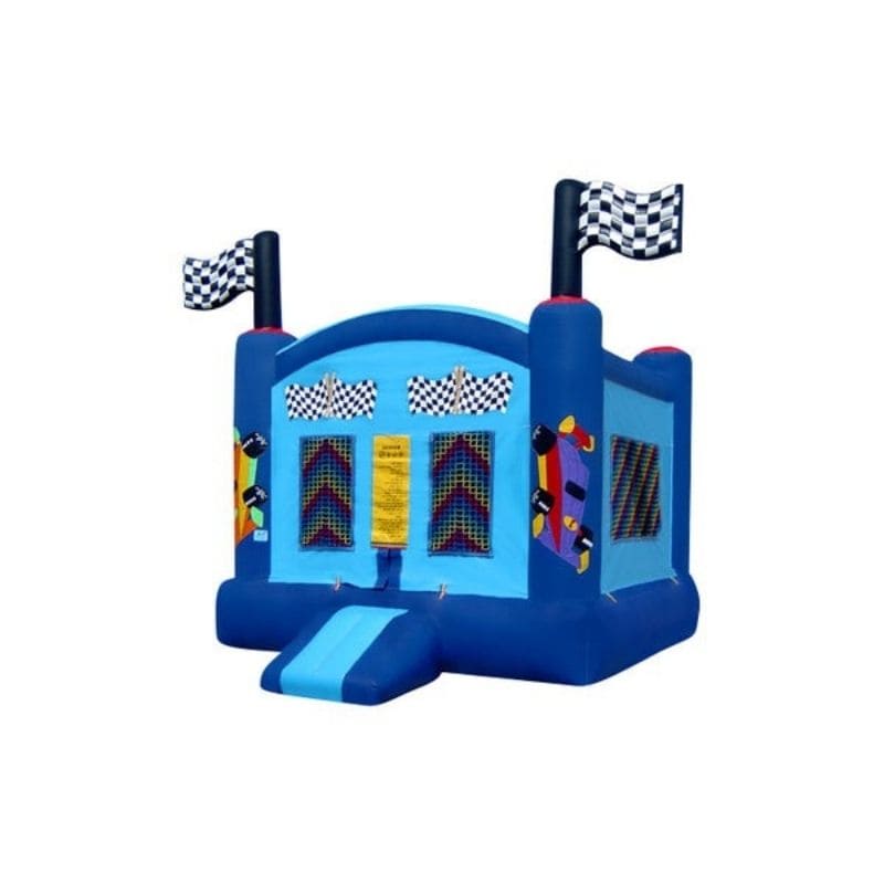 Bouncing Angels Race Car Inflatable Jumper - Commercial-Grade, Wholesale Supplier, 13 ft Bounce House in Blue Front Left View