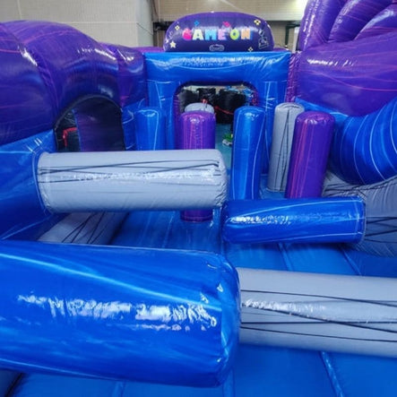 Inside layout of Eagle Bounce 40 Ft Turbo Gamer Inflatable Obstacle Course OB-4103 with dual lanes and obstacles