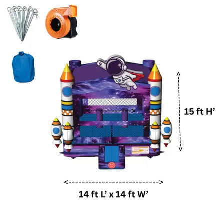 Space themed bounce house dimensions and accessories