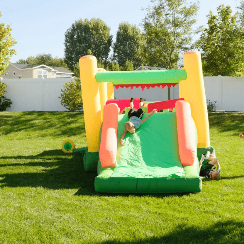 Avyna Royal Palace 1 Obstacle Course with Slide Kid Sliding Down in Backyard