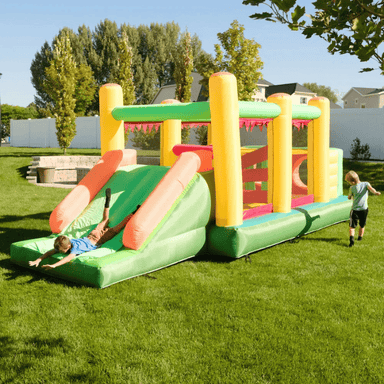Avyna Royal Palace 1 Obstacle Course with Slide Backyard View with Kids Playing