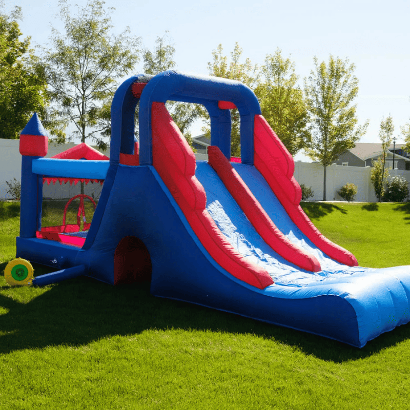 Avyna Royal Tower Slide 2 Bounce House Front Left View with Dual Slidess and Blower
